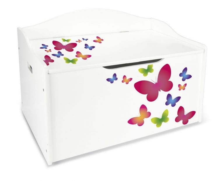Coffre XL à jouets en bois motif- Papillons, récipient pour les jouets, banc reglable