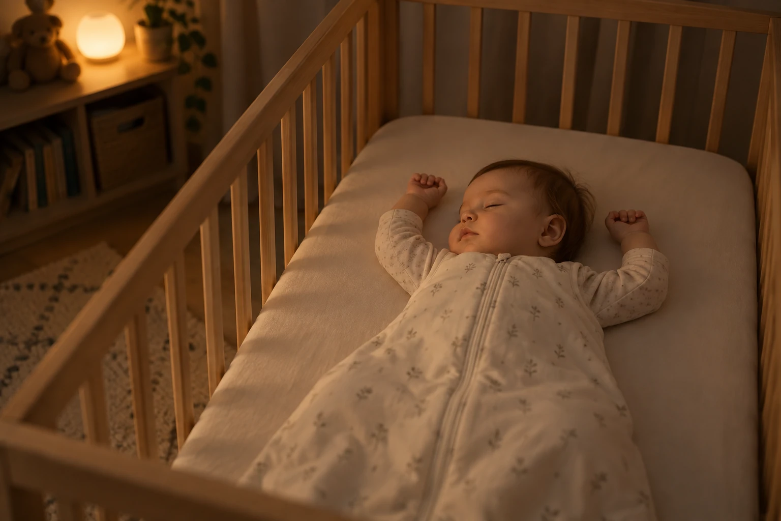 Bébé endormi sur le dos dans un lit à barreaux, veilleuse douce allumée