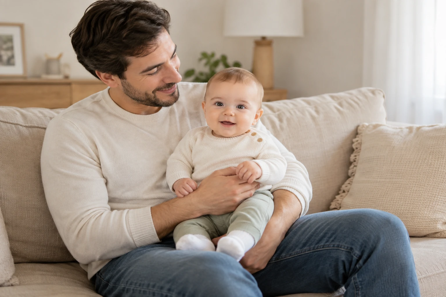Père assis sur canapé tenant bébé souriant dans salon lumineux et cosy