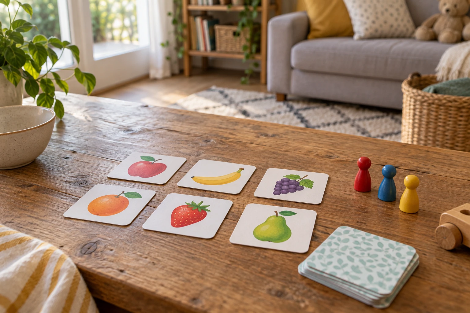 Cartes de mémoire fruits (pomme, banane, raisin, orange, fraise, poire) et pions colorés