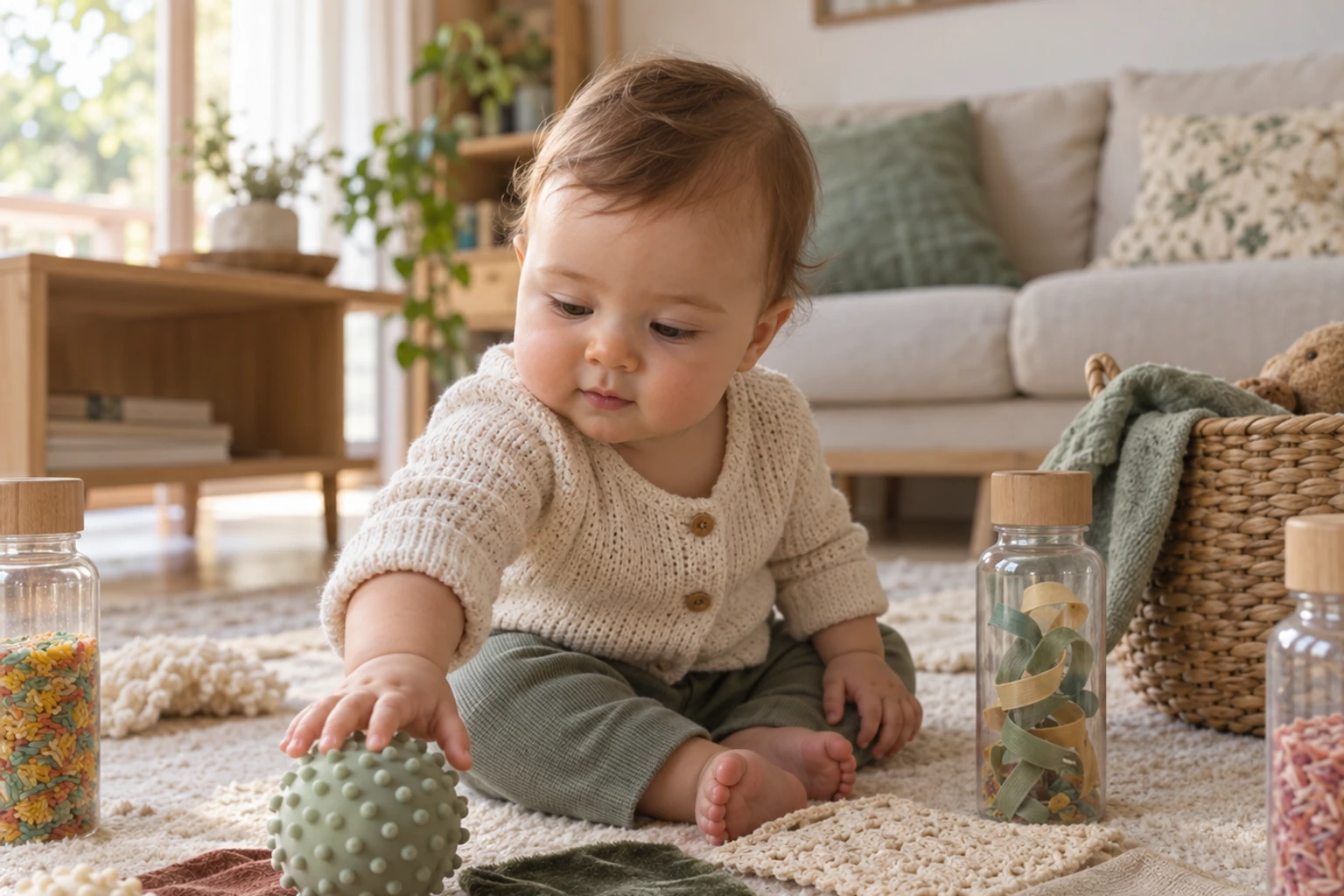 Bébé assis sur tapis tactile touchant une balle à picots verte, lumière naturelle