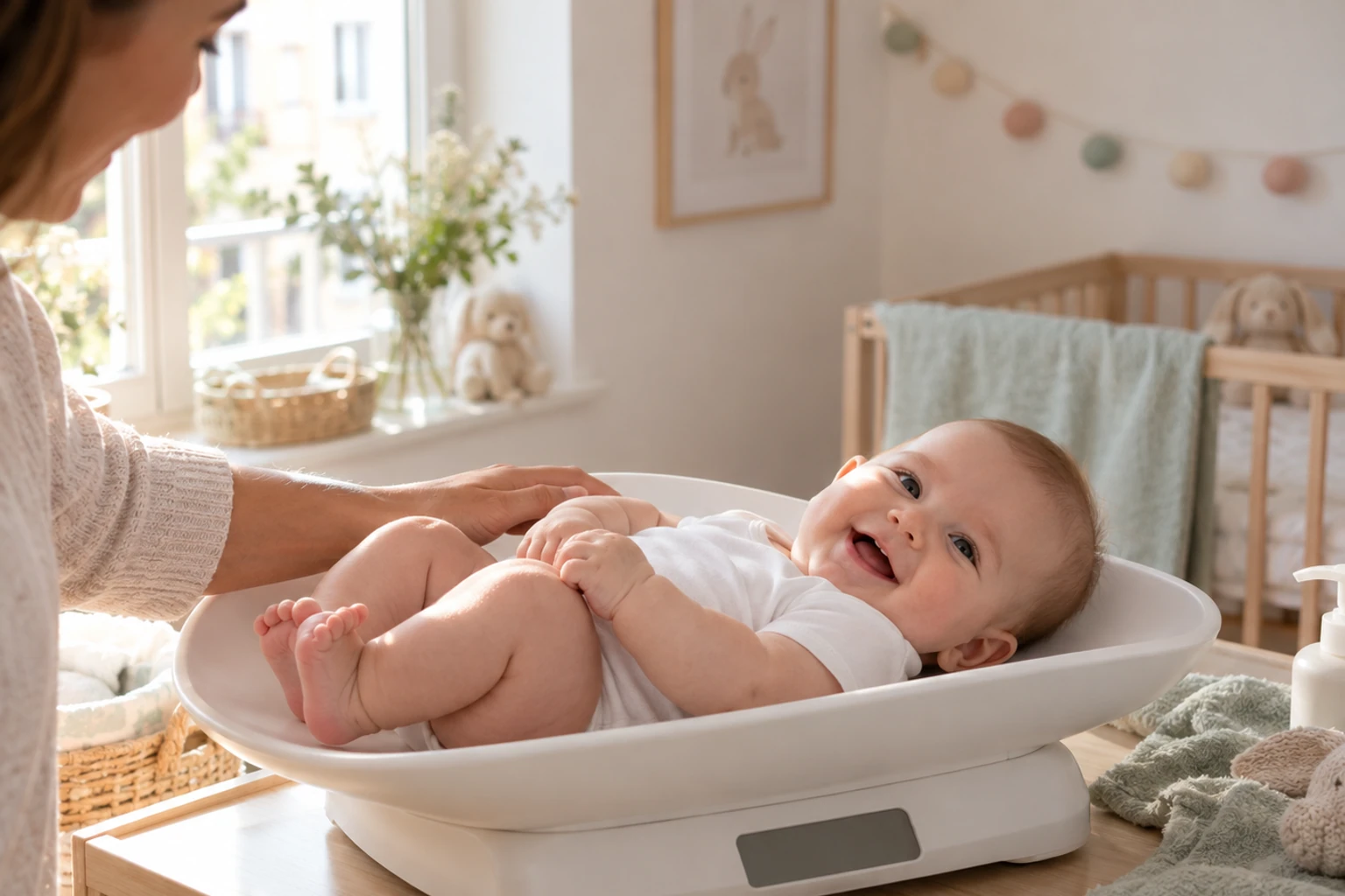 Bébé souriant allongé sur une balance pour bébé, maman tenant doucement ses jambes