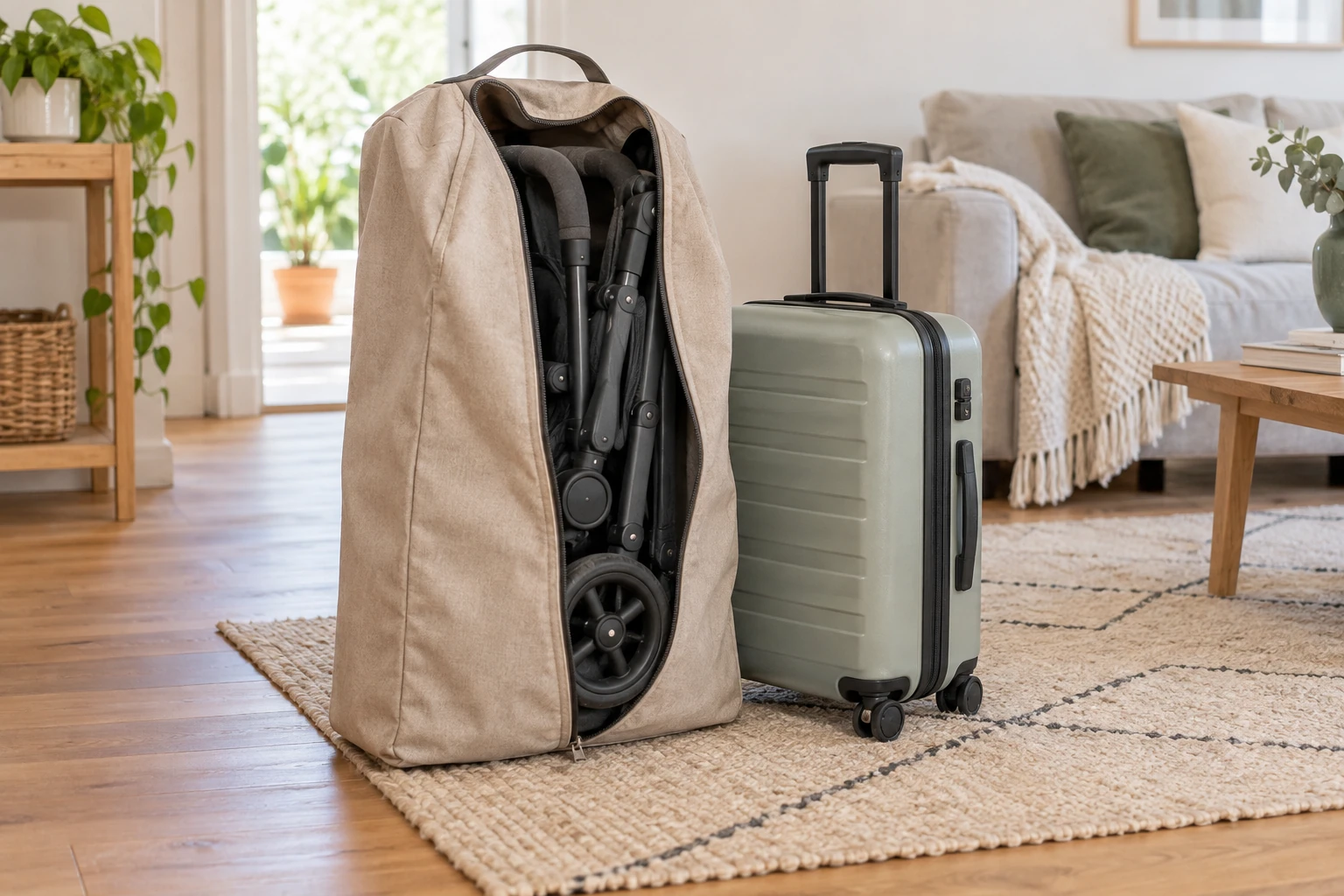 Poussette compacte pliée dans housse beige à côté d'une valise cabine verte à roulettes